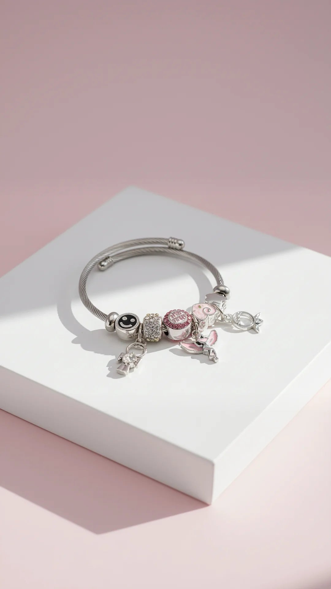 Pink Angel & Hearts Crystal Charm Breaded Bracelet
