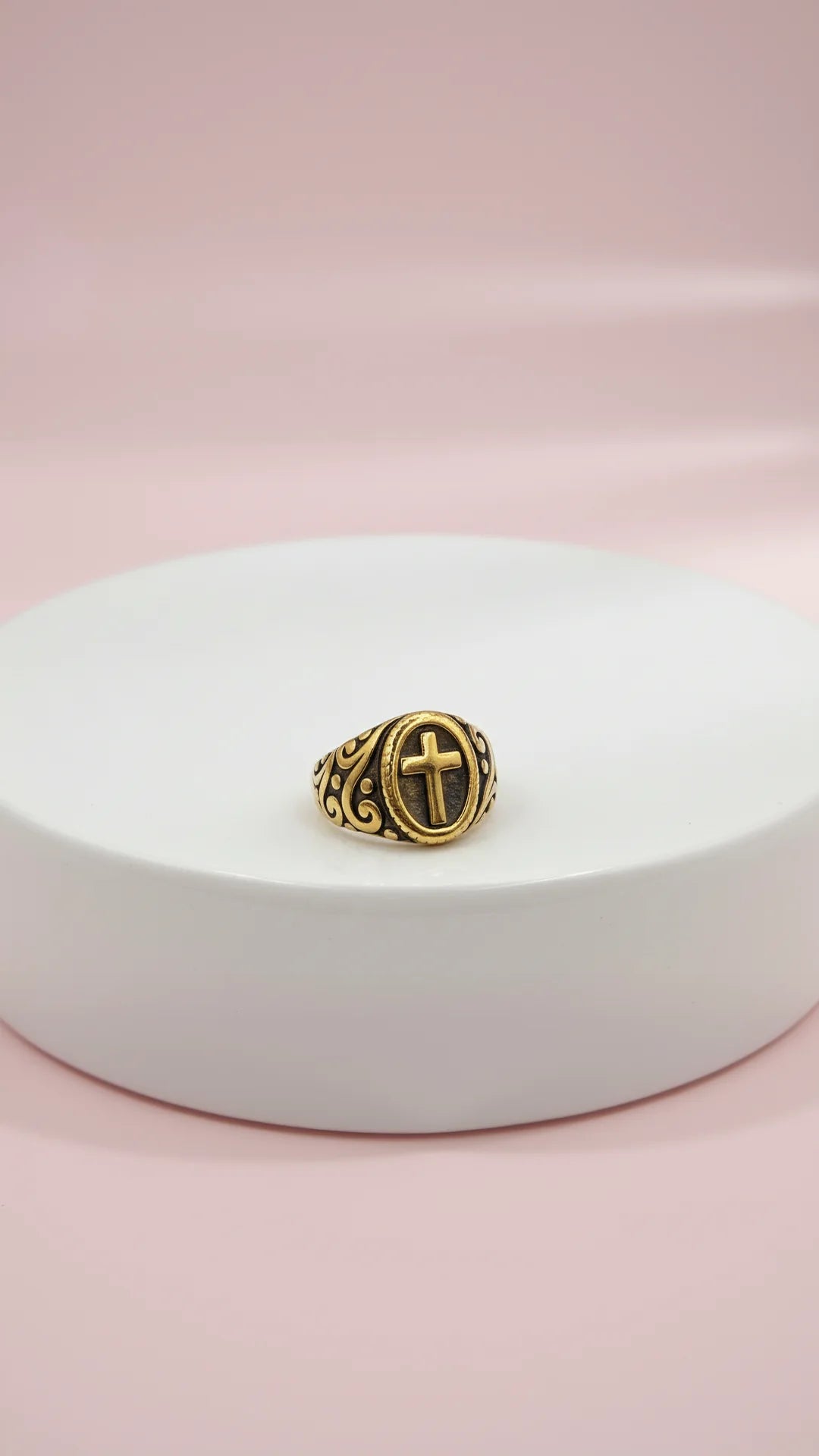 Stainless Steel Cross On Sheild Men's Biker Ring