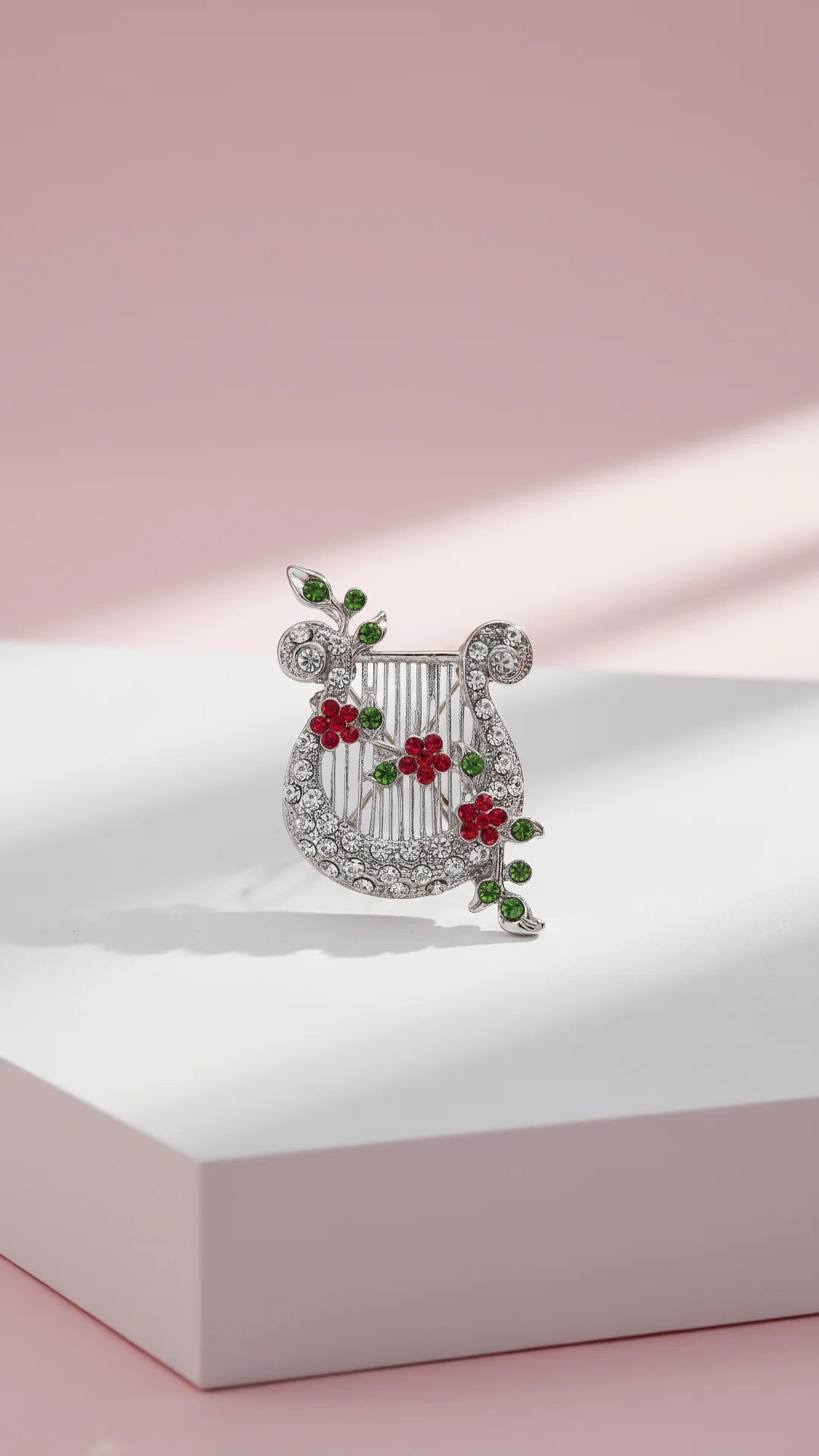 Crystal Harp & Roses Festive Brooch