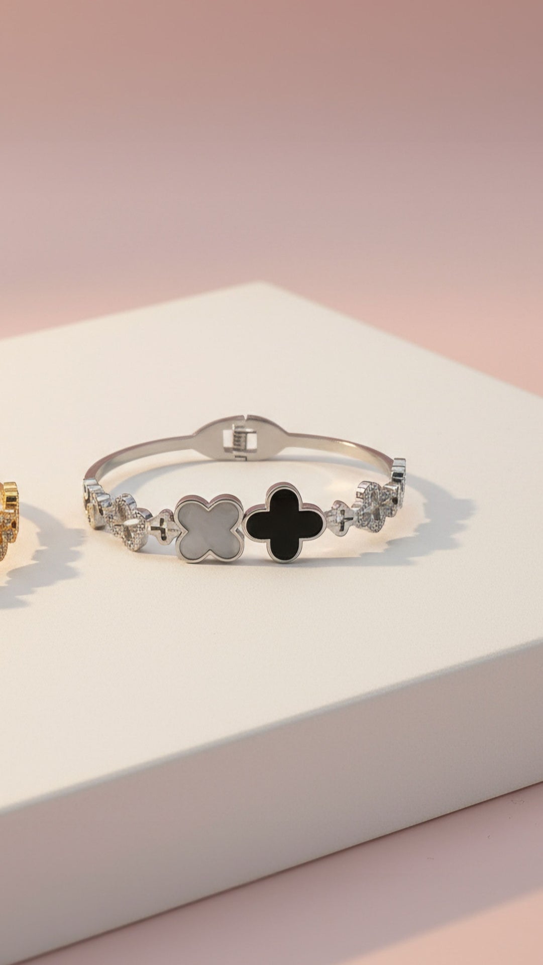 Stainless Steel Black Clover Crystal Stacking Bangle