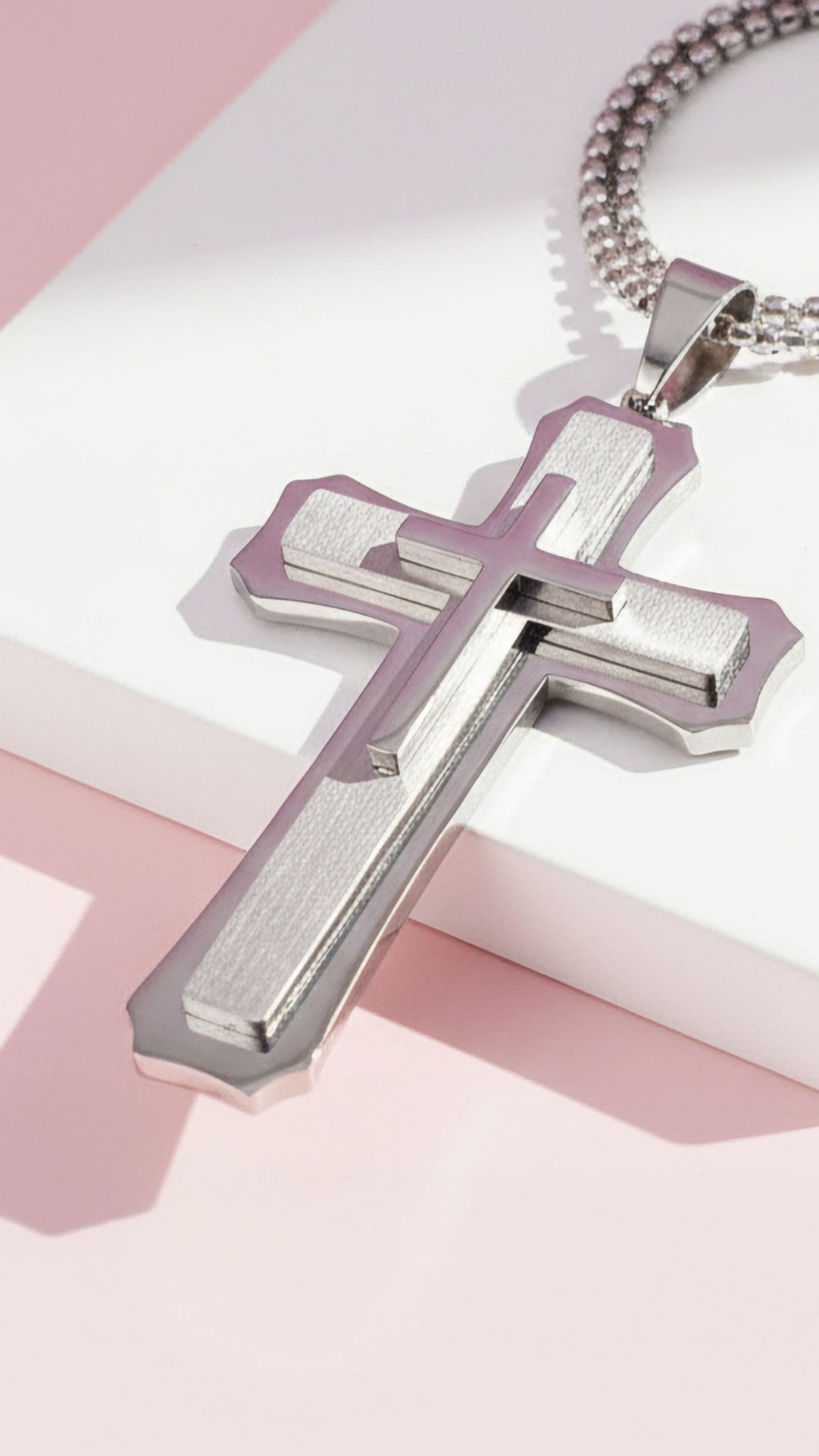 Magnum Layered Silver Cross Stone Inlay Necklace