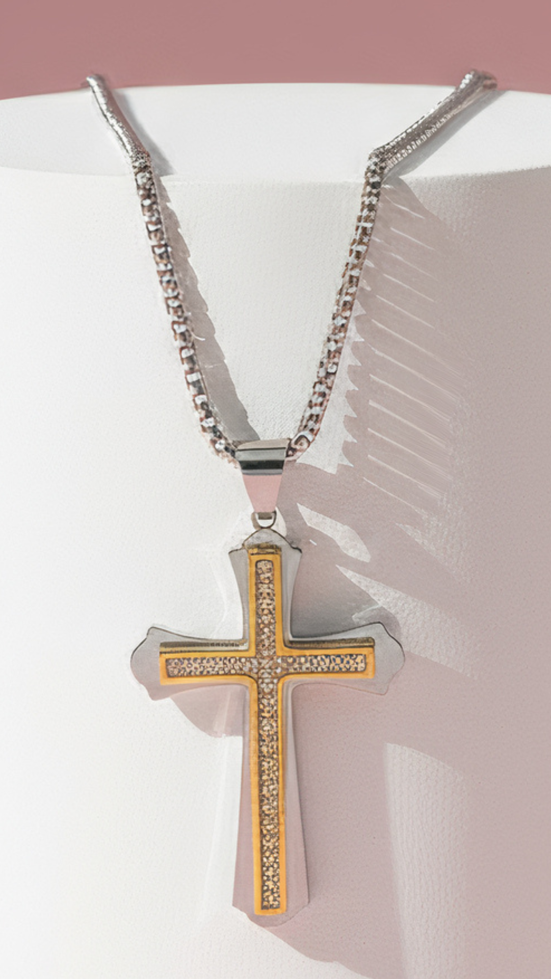 Two Tone Stainless Steel Crystal Cross Necklace