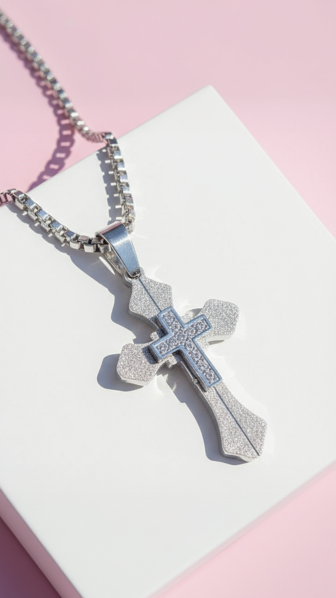 Layered Silver Textured Cross Necklace