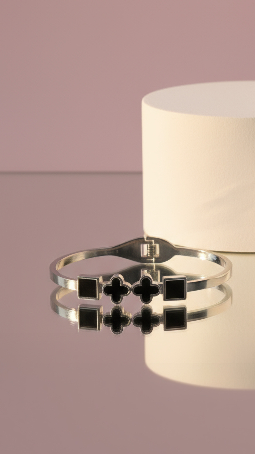 Stainless Steel Black Clover & Squares Stacking Bangle