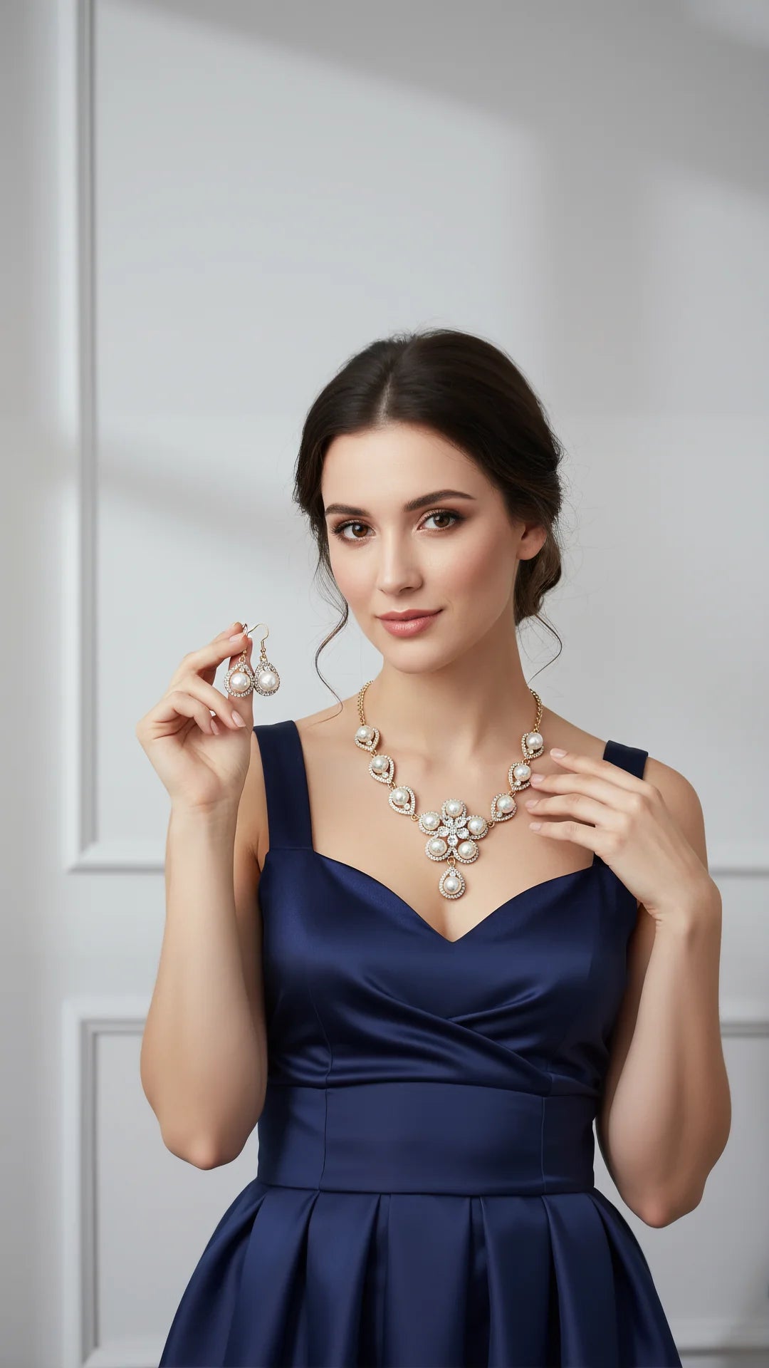 Pearl Crystal Flower Necklace & Earrings Set