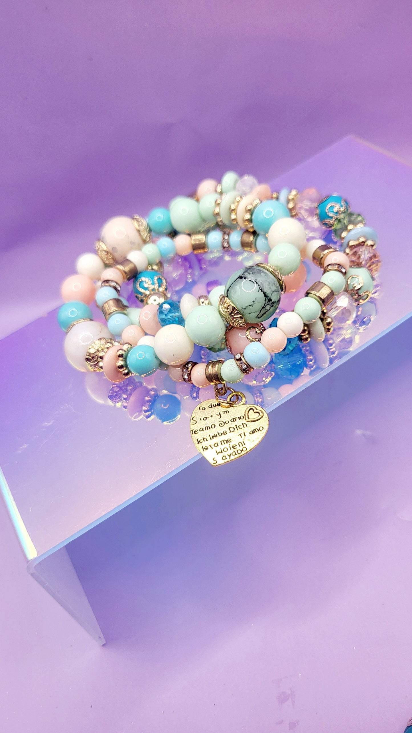 Sweet Heart Charm Glass Beaded Bracelet Set