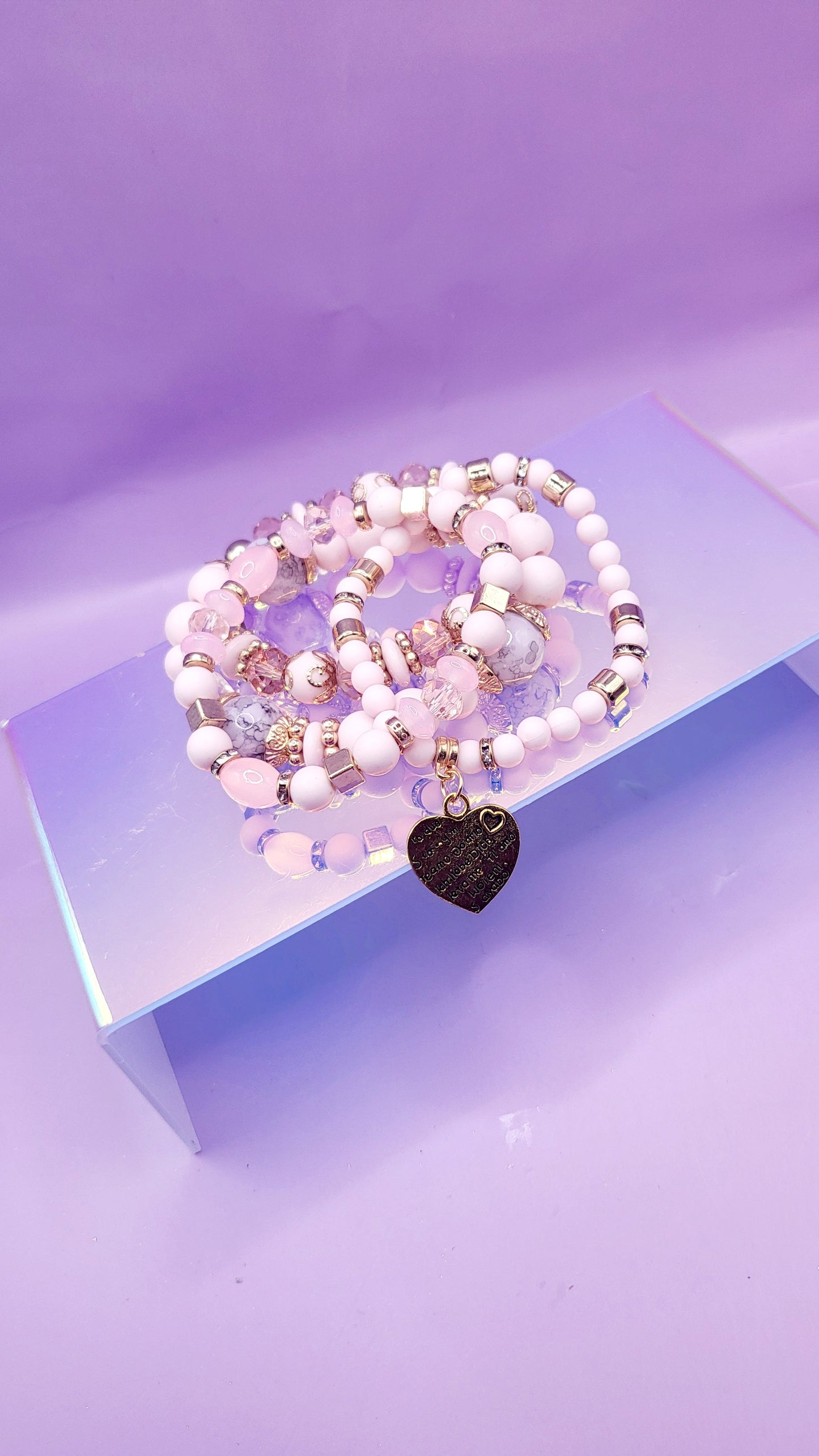Sweet Heart Charm Glass Beaded Bracelet Set