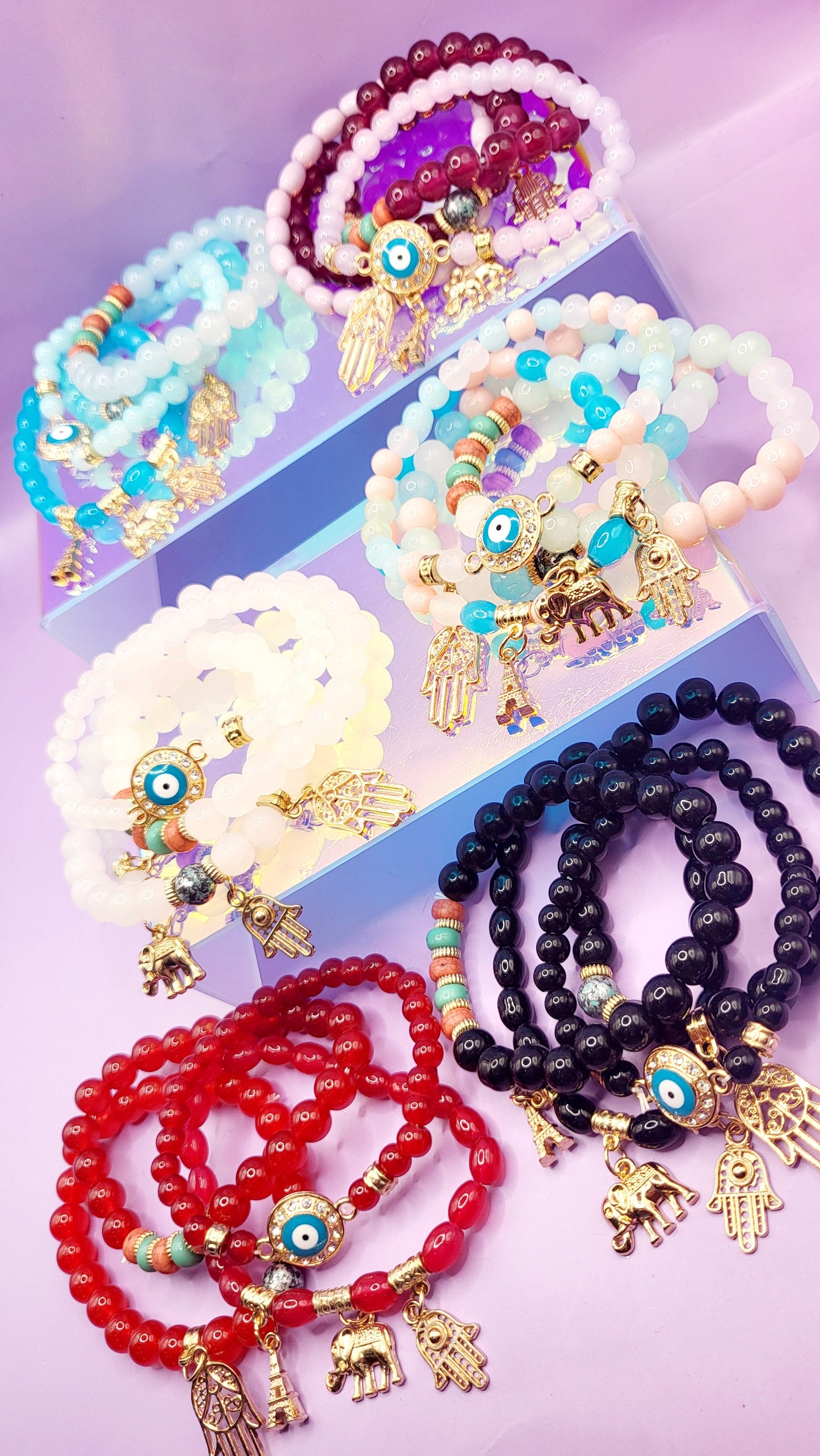 Parisian,Elephant & Hamsa Hand Charm Glass Beaded Bracelet Set