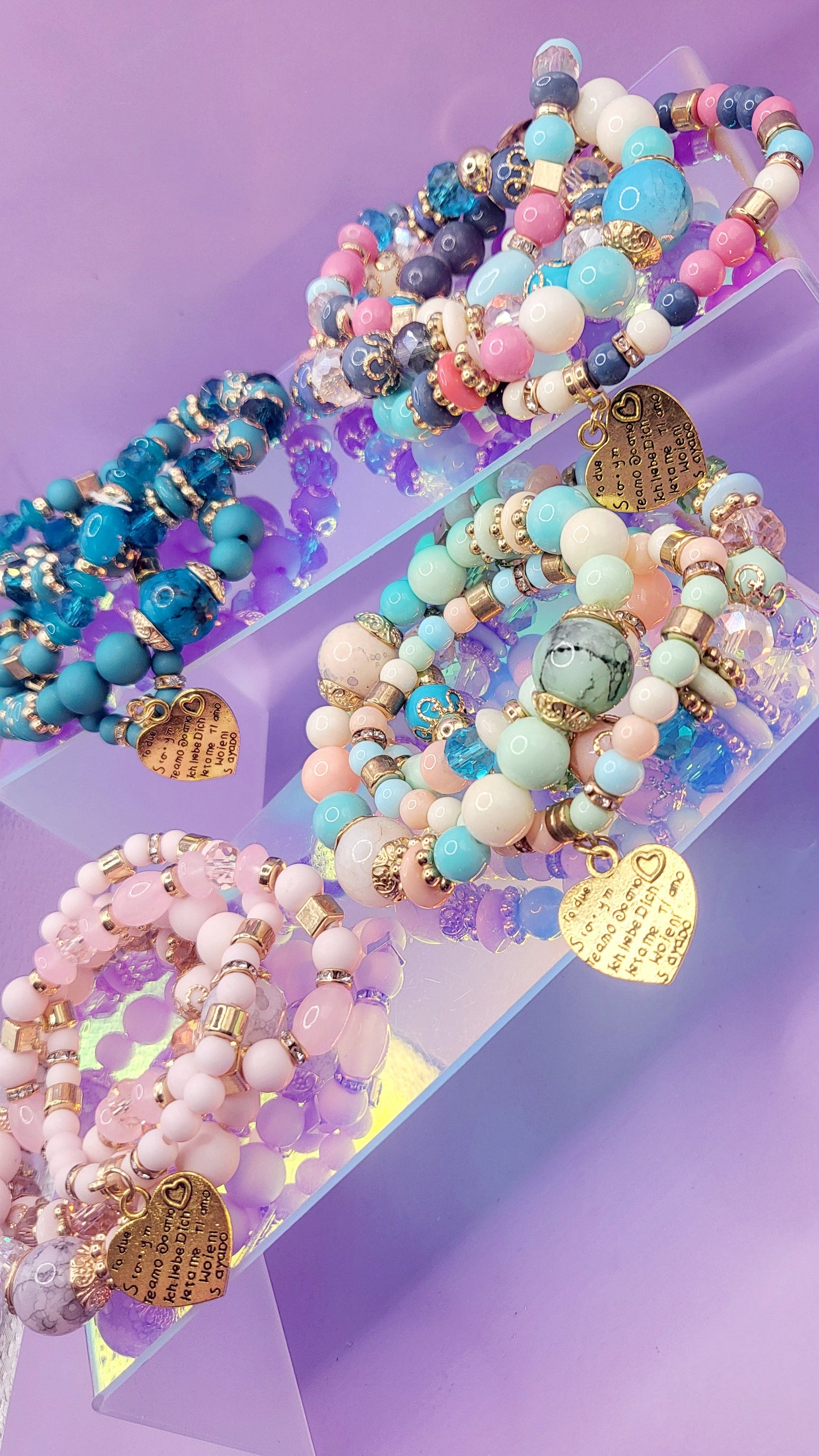 Sweet Heart Charm Glass Beaded Bracelet Set