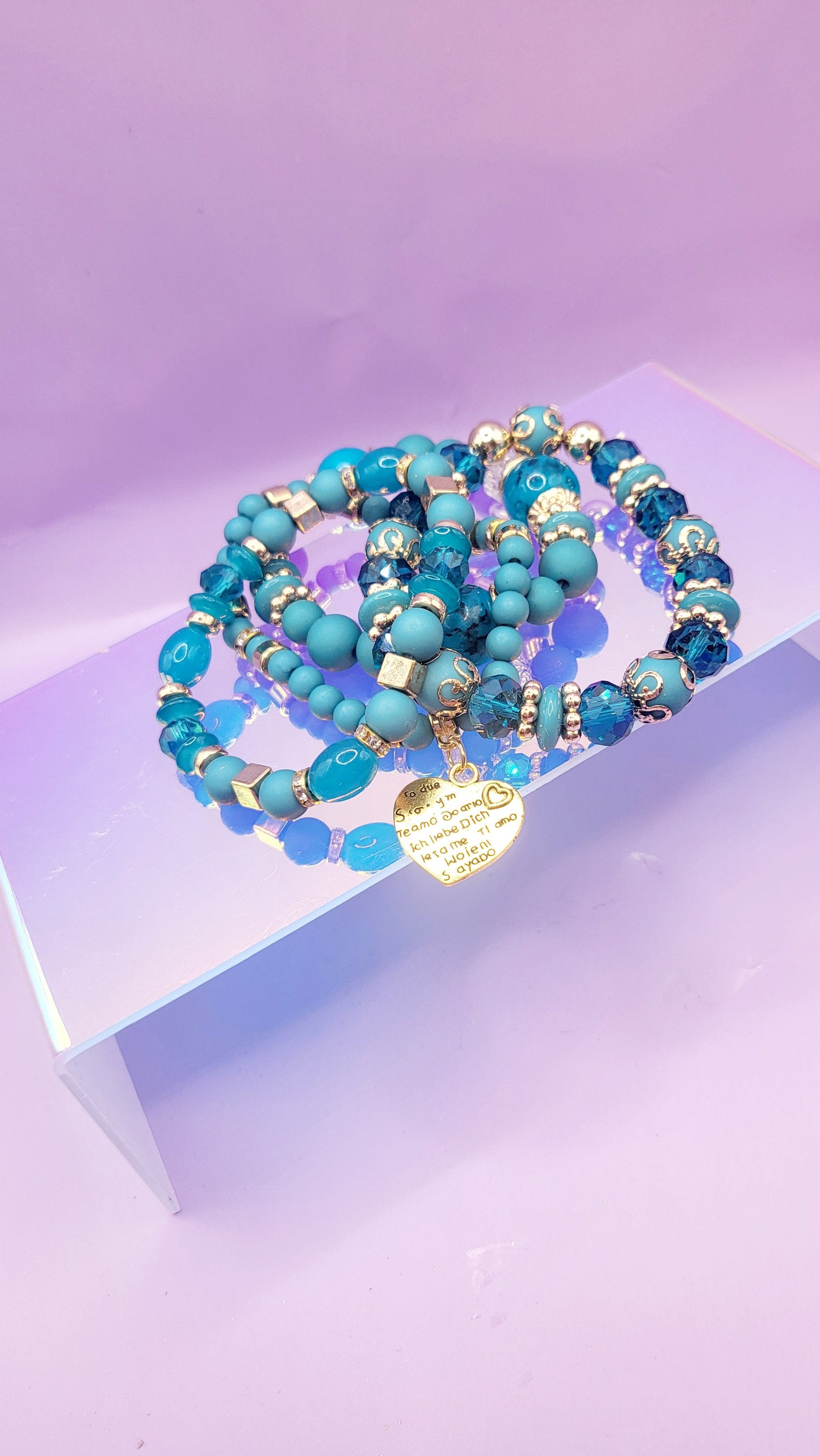 Sweet Heart Charm Glass Beaded Bracelet Set