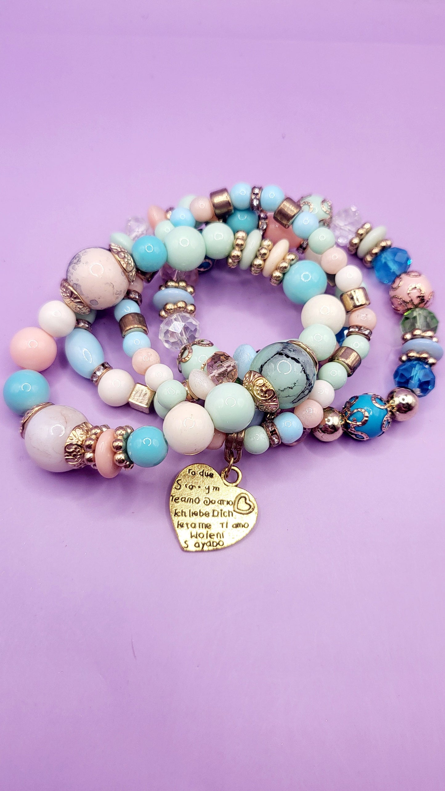 Sweet Heart Charm Glass Beaded Bracelet Set