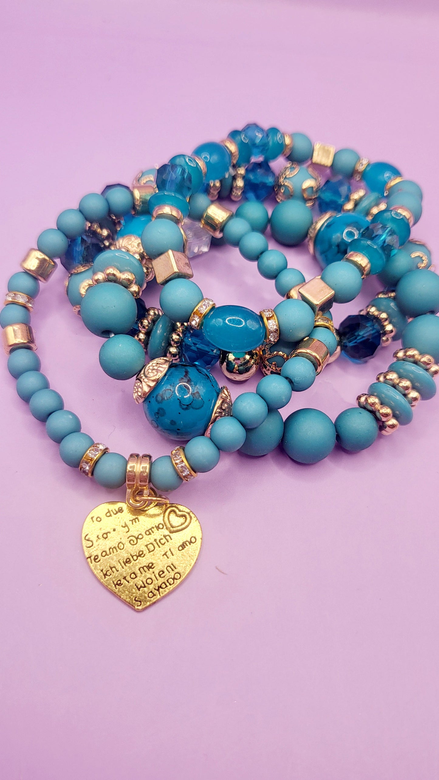 Sweet Heart Charm Glass Beaded Bracelet Set