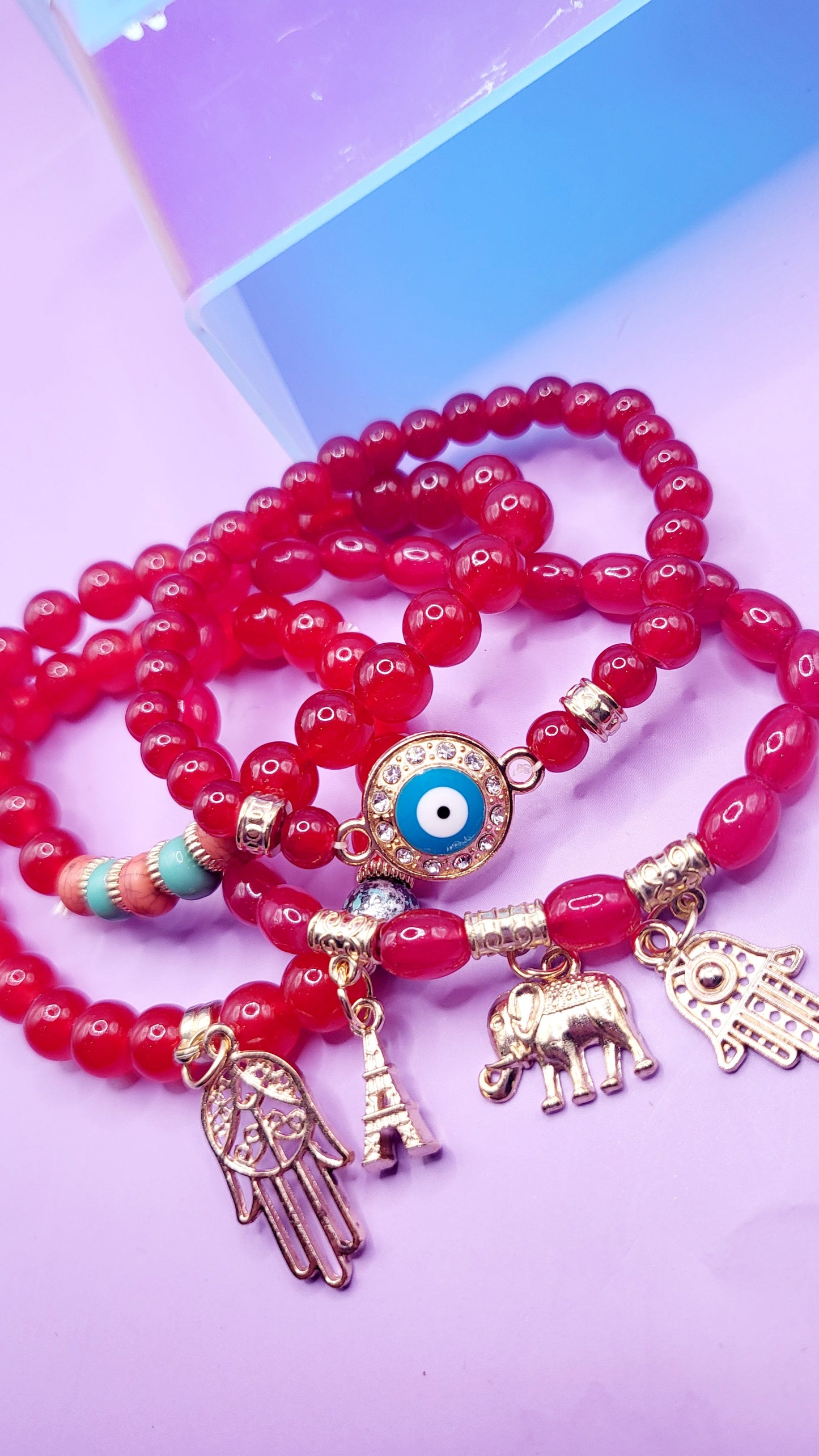 Parisian,Elephant & Hamsa Hand Charm Glass Beaded Bracelet Set