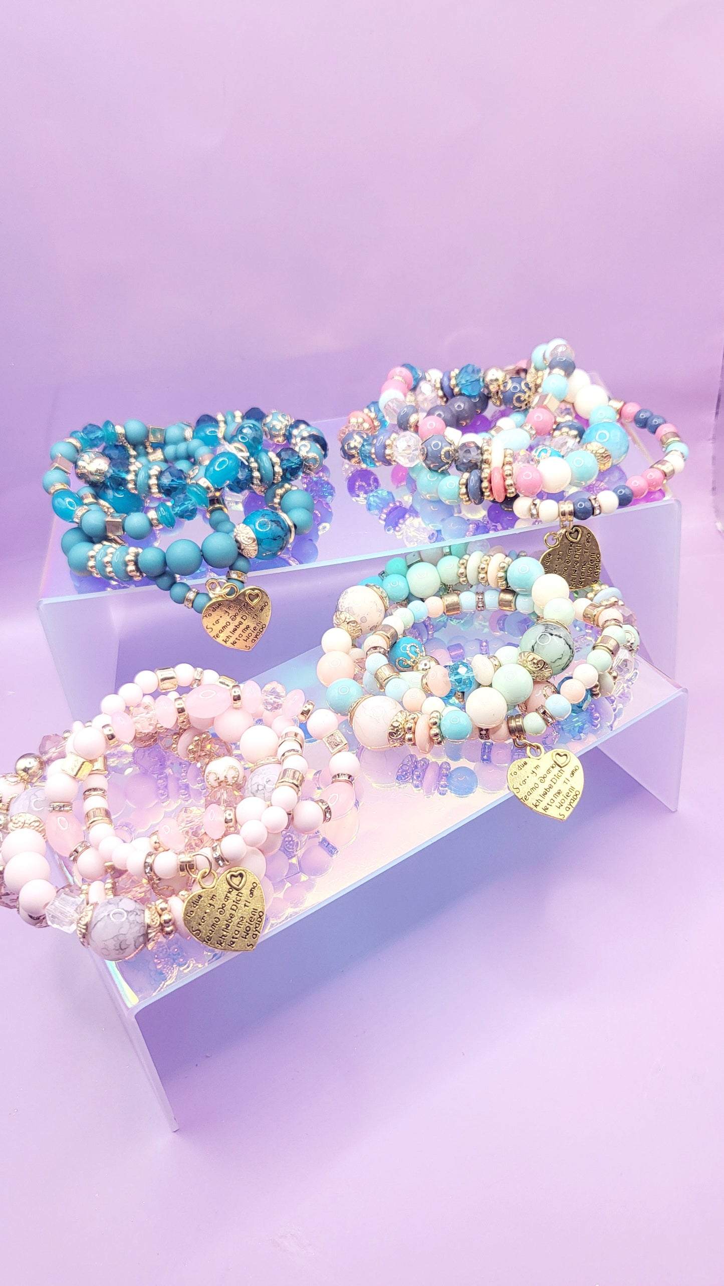 Sweet Heart Charm Glass Beaded Bracelet Set