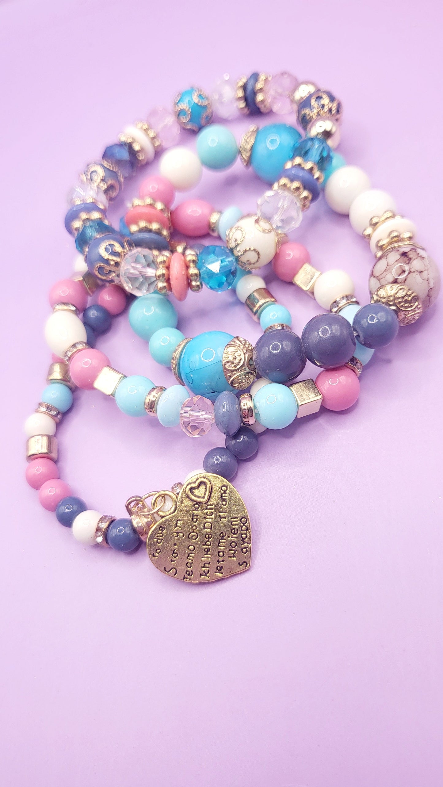 Sweet Heart Charm Glass Beaded Bracelet Set