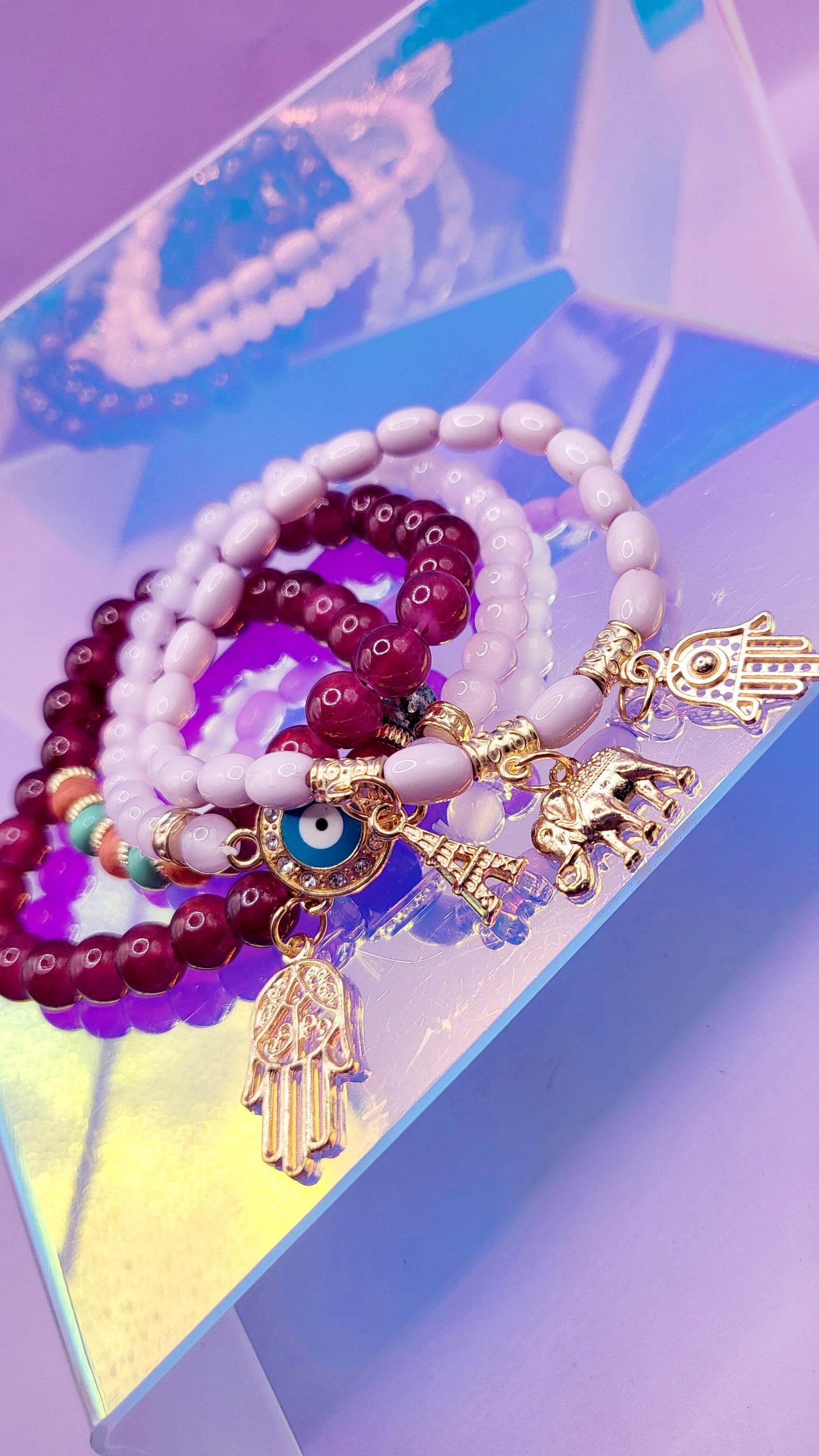 Parisian,Elephant & Hamsa Hand Charm Glass Beaded Bracelet Set
