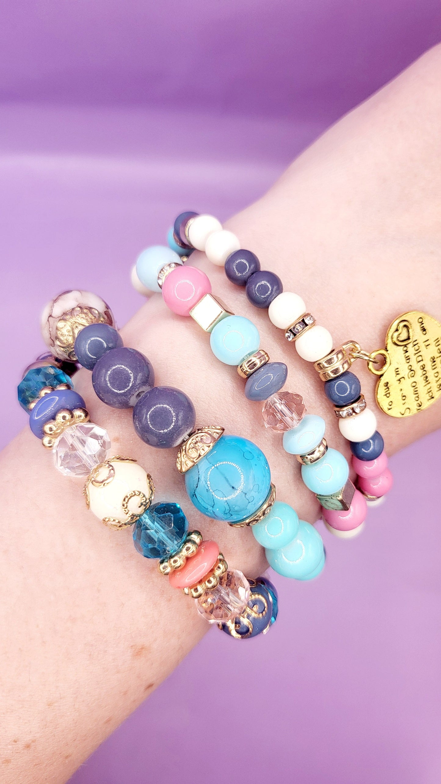 Sweet Heart Charm Glass Beaded Bracelet Set