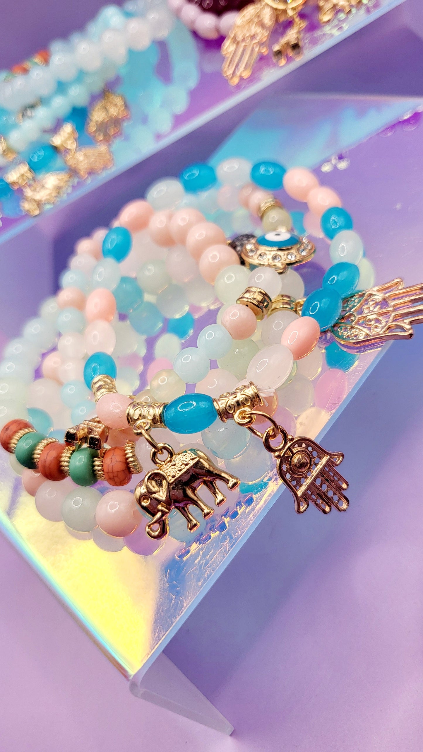 Parisian,Elephant & Hamsa Hand Charm Glass Beaded Bracelet Set