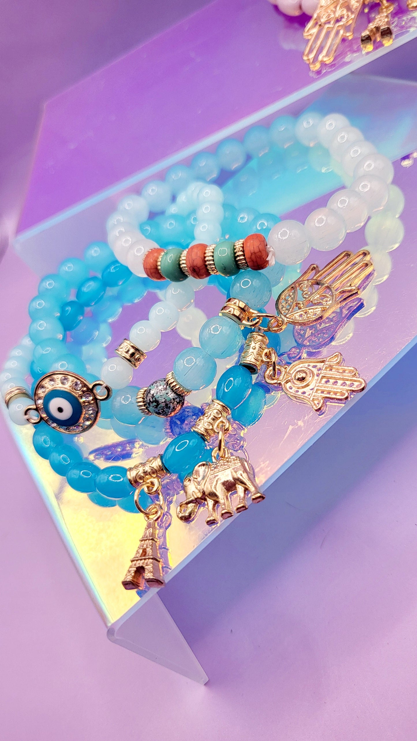 Parisian,Elephant & Hamsa Hand Charm Glass Beaded Bracelet Set