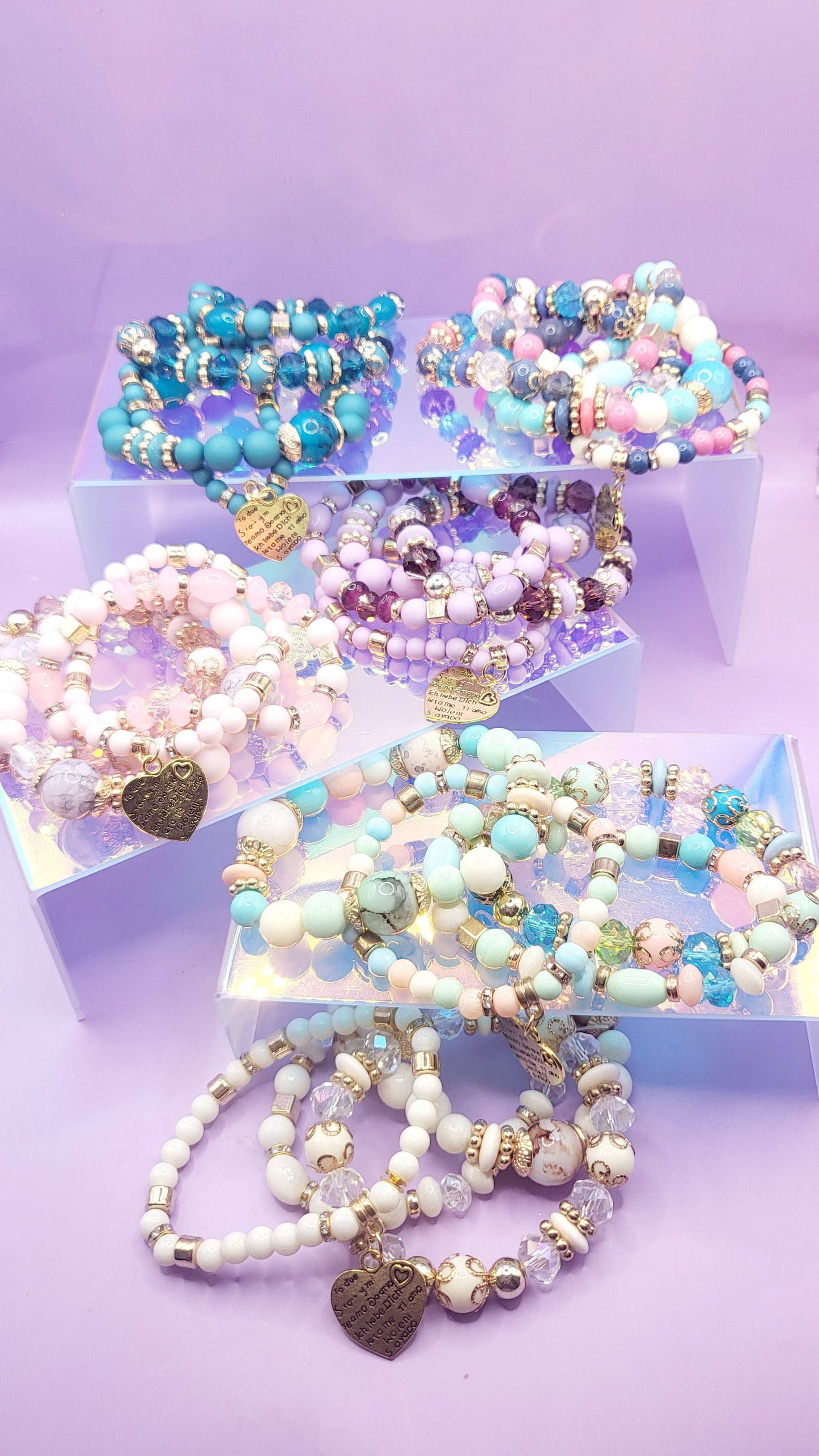 Sweet Heart Charm Glass Beaded Bracelet Set