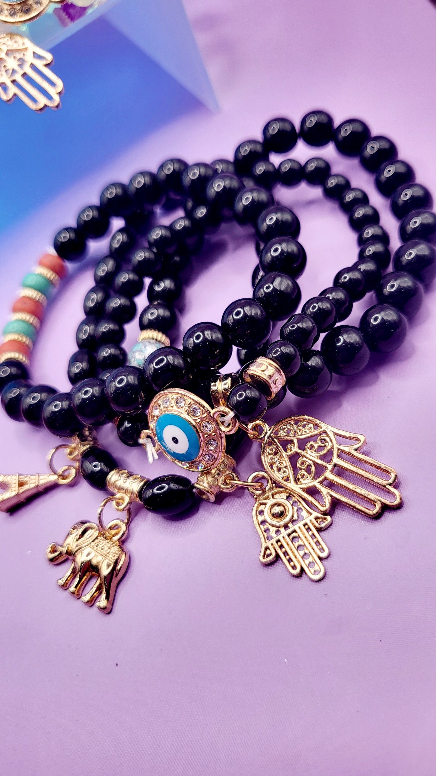 Parisian,Elephant & Hamsa Hand Charm Glass Beaded Bracelet Set