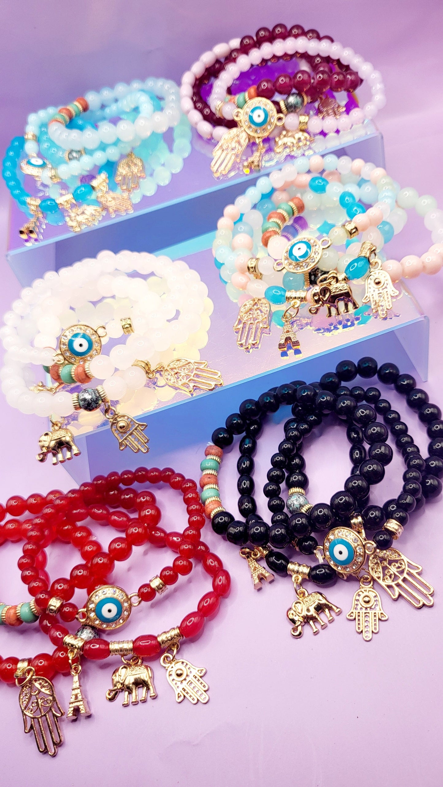 Parisian,Elephant & Hamsa Hand Charm Glass Beaded Bracelet Set