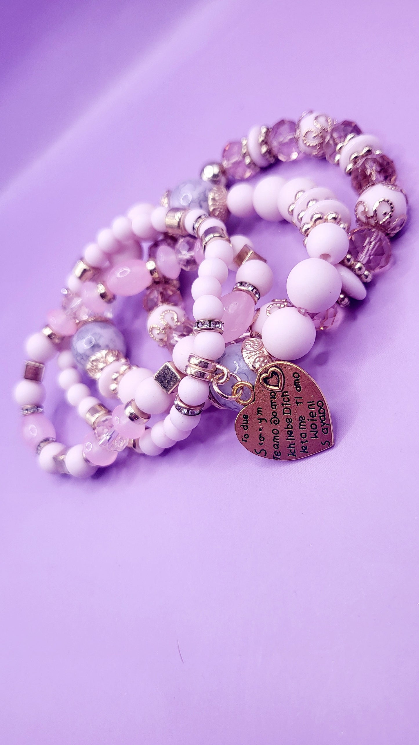 Sweet Heart Charm Glass Beaded Bracelet Set