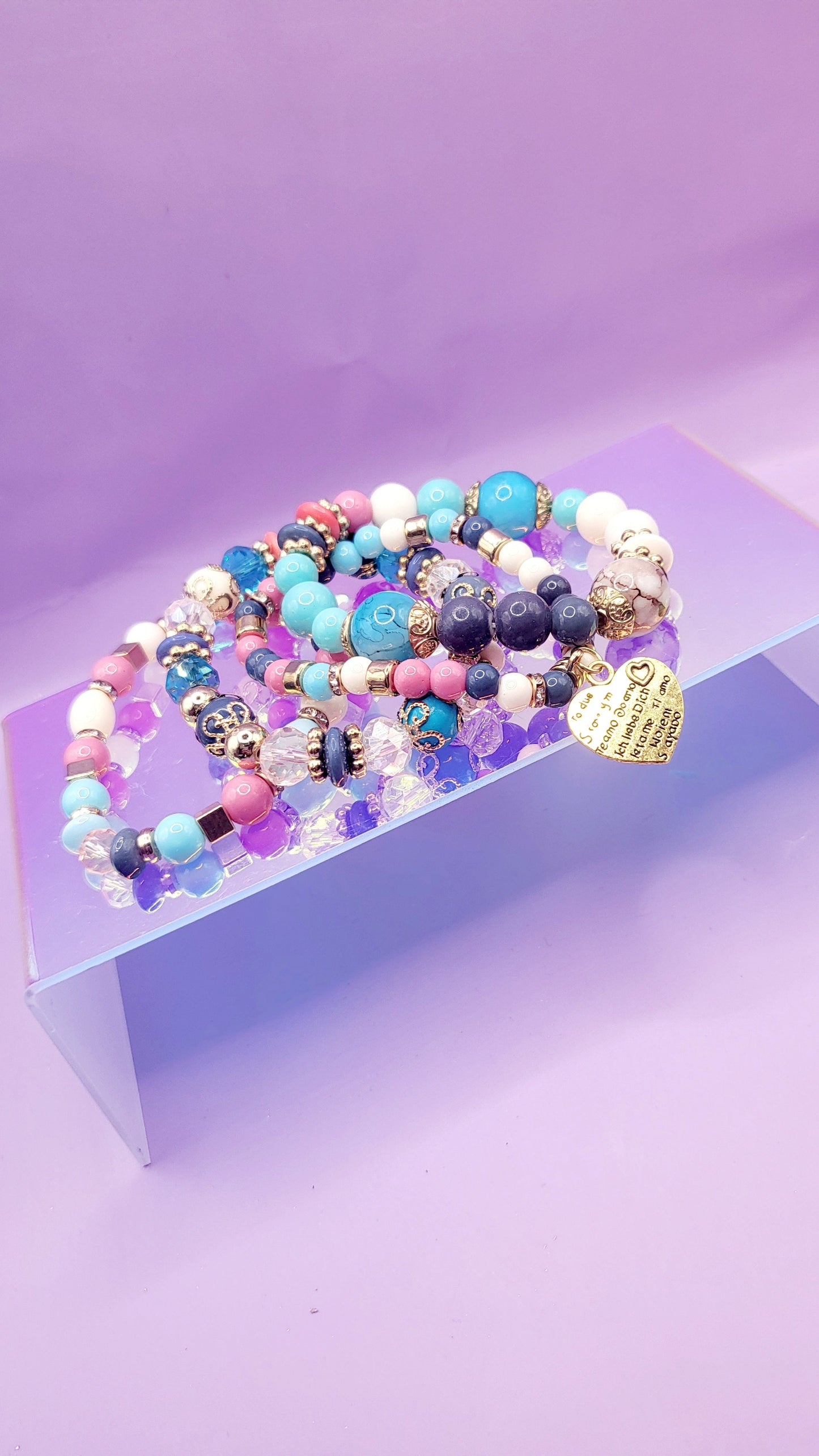 Sweet Heart Charm Glass Beaded Bracelet Set