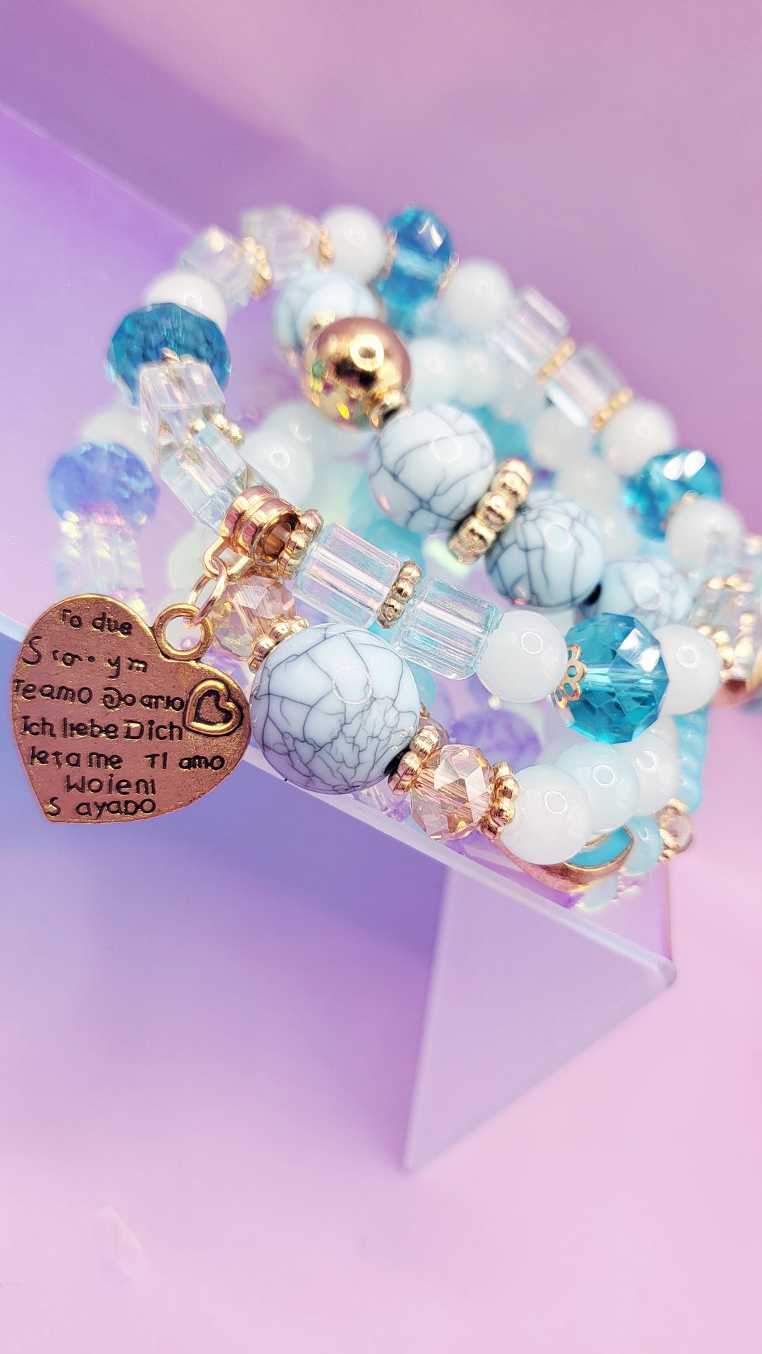 Heart Charm Ceramic Beaded Bracelet Set