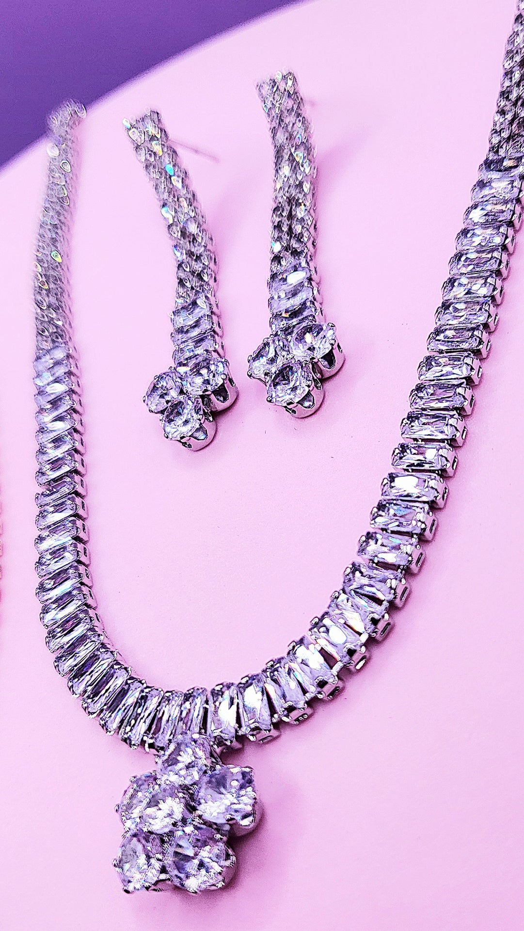 Flower Crystal Baguette Cut Layered Necklace Set