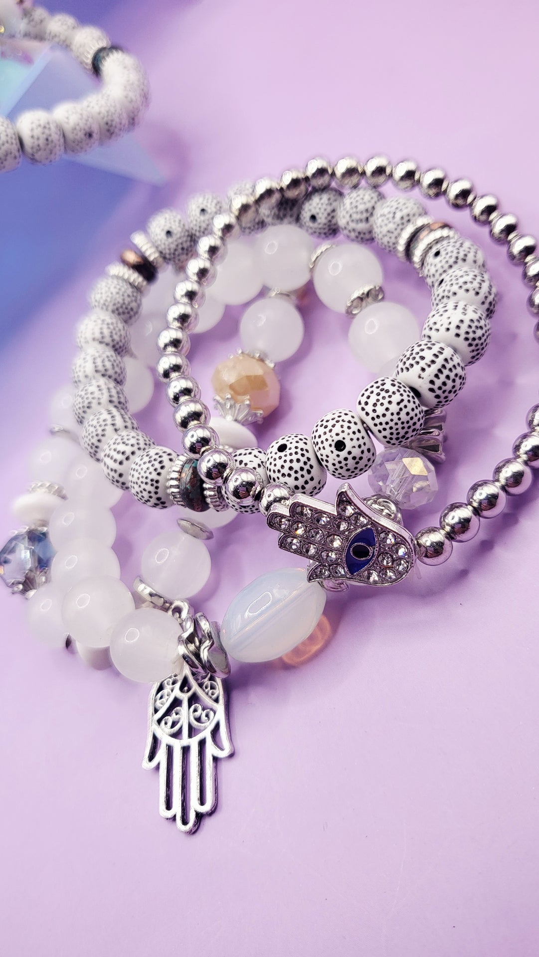 Hamsa Charm Ceramic Beaded Bracelet Set