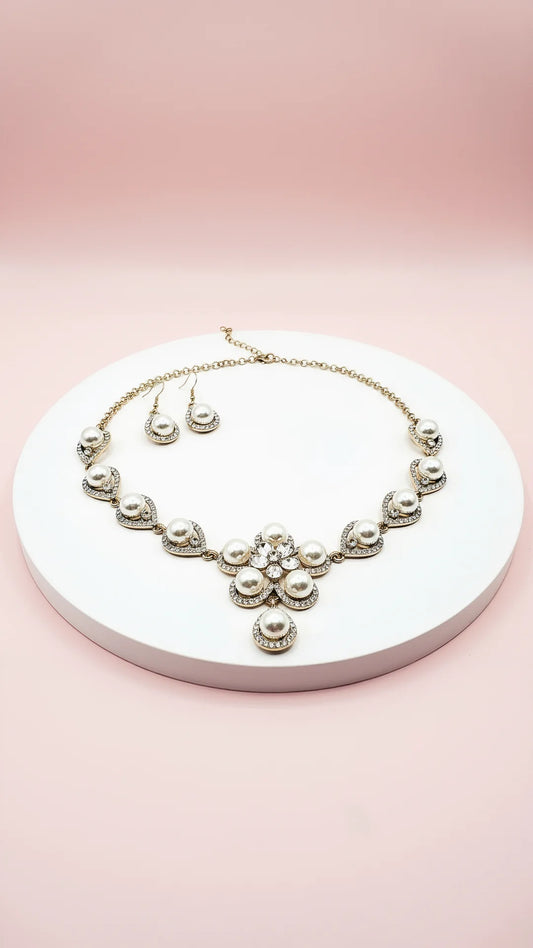 Pearl Crystal Flower Necklace & Earrings Set