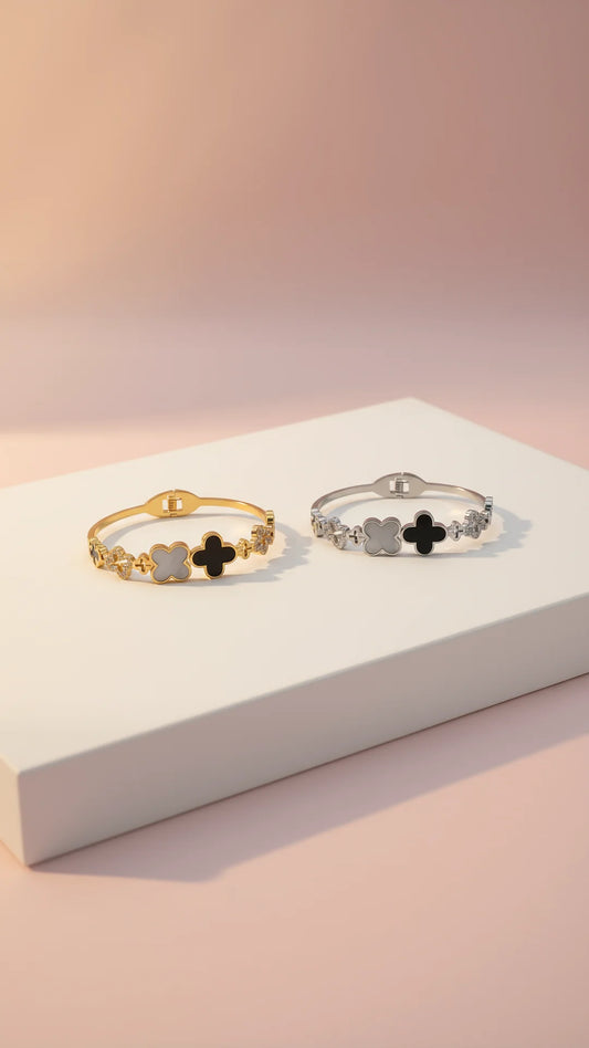 Stainless Steel Black Clover Crystal Stacking Bangle