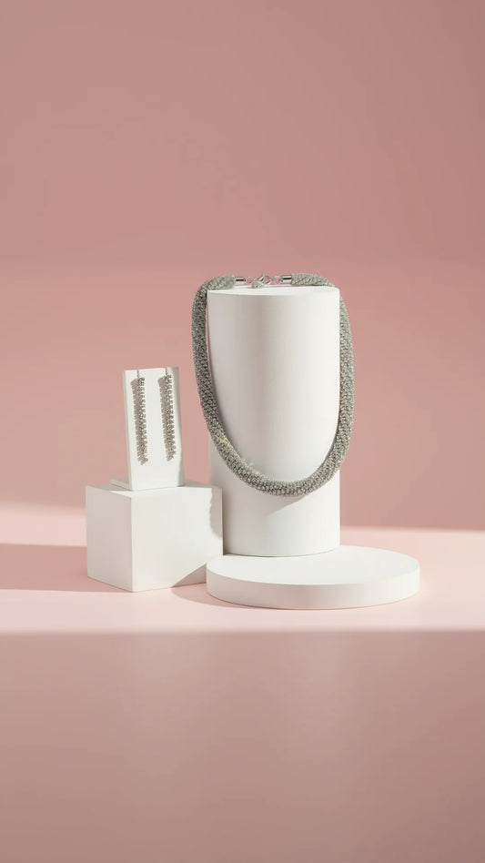 Silver Twisted Crystal Necklace & Earring Set