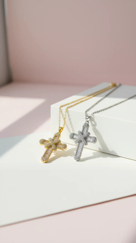 Baguette Cut Layered Cross Pendant Necklace