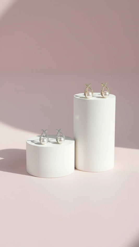 Pearl Crystal Wishbone Cross Stud Earrings