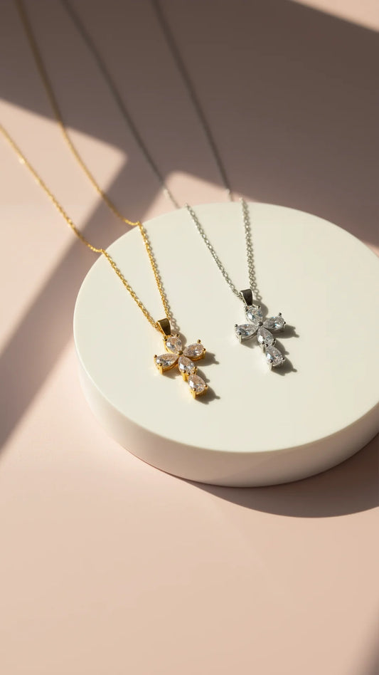 Teardrop Crystal Symbolic Cross Pendant Necklace