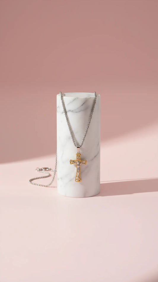 Polished Lattice Stainless Steel Cross Pendant Necklace