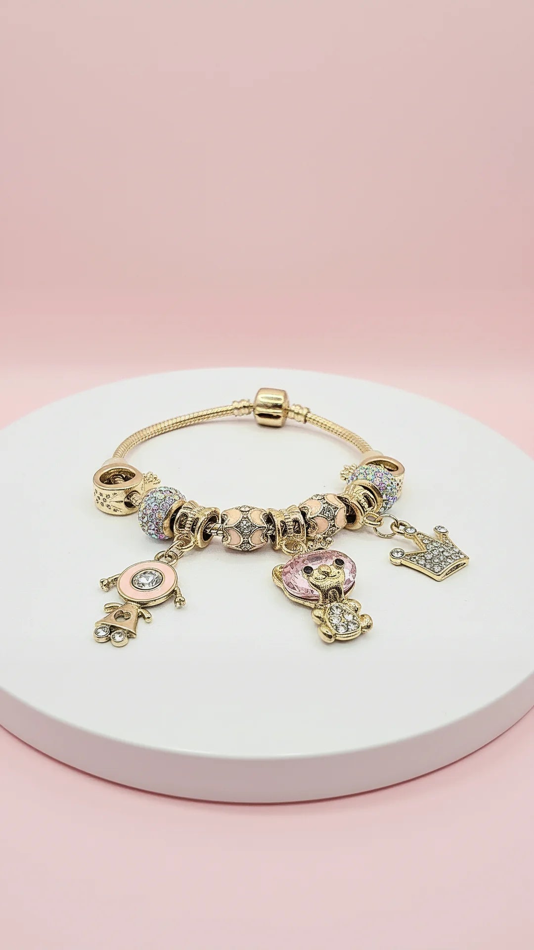 Pink Teddy Crystal Charm Breaded Bracelet