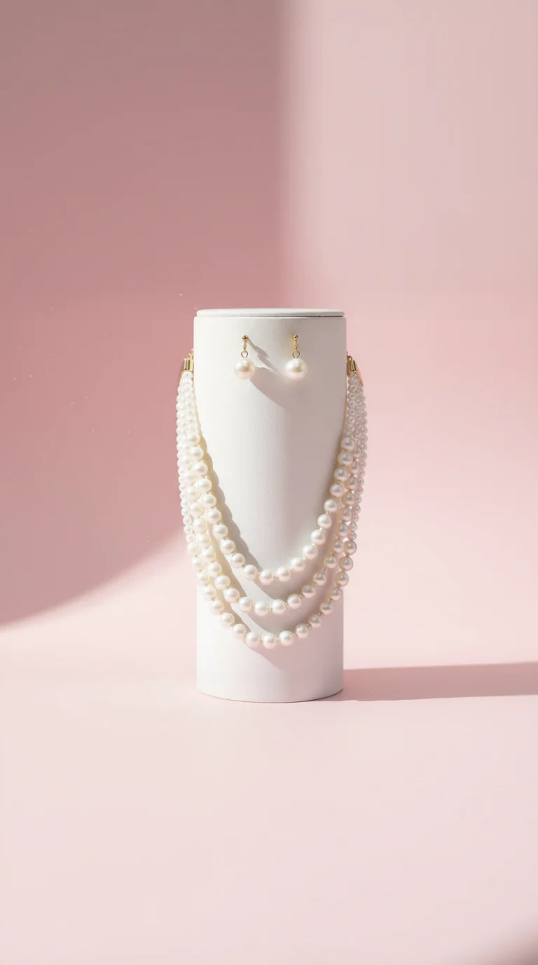Pearl Multi Layer Necklace & Earrings Set