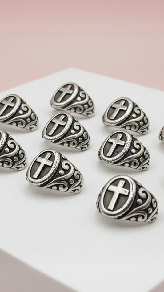 Stainless Steel Cross On Sheild Men's Biker Ring