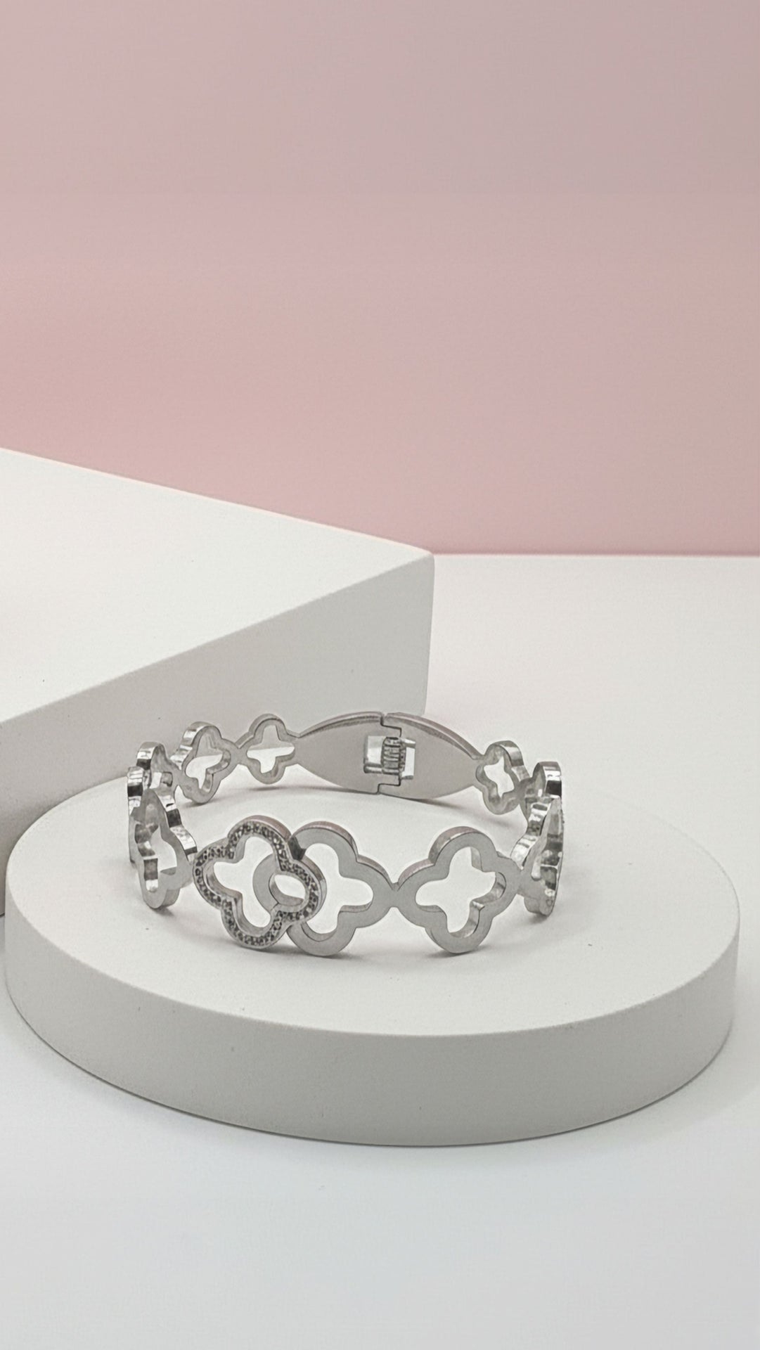 Stainless Steel Pavé Clover Crystal Stacking Bangle
