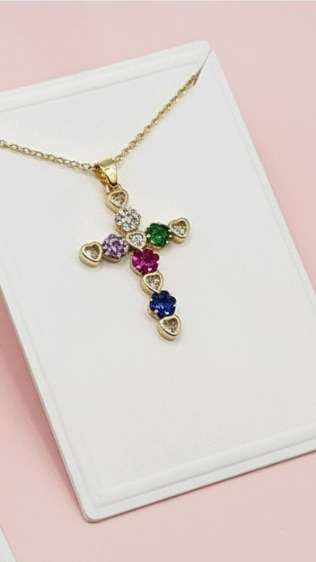 Heart Link Crystal Flower Cross Pendant Necklace