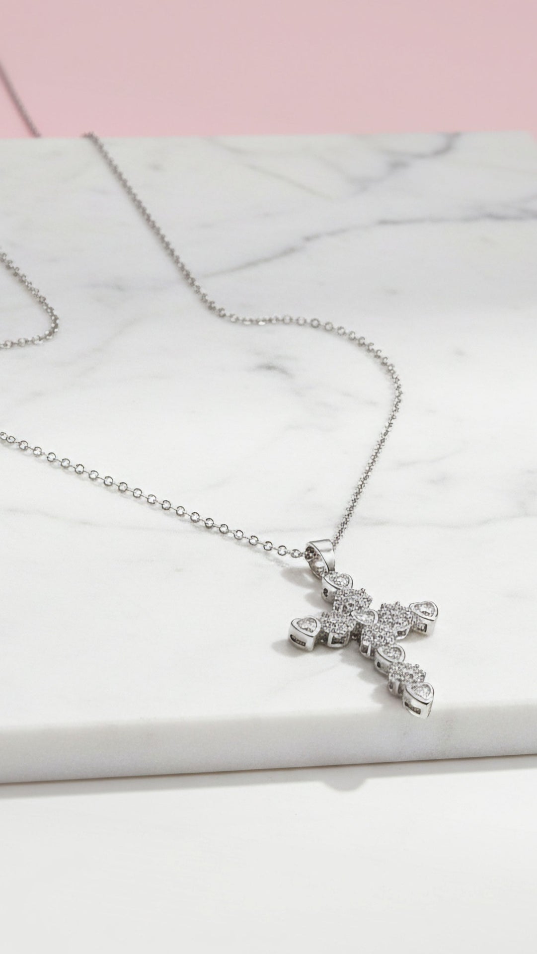 Heart Link Crystal Flower Cross Pendant Necklace