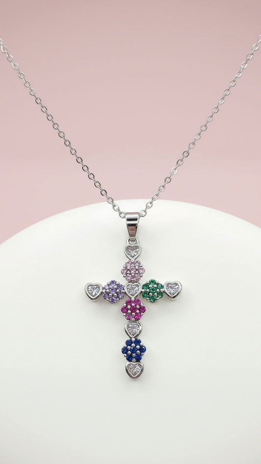 Heart Link Crystal Flower Cross Pendant Necklace