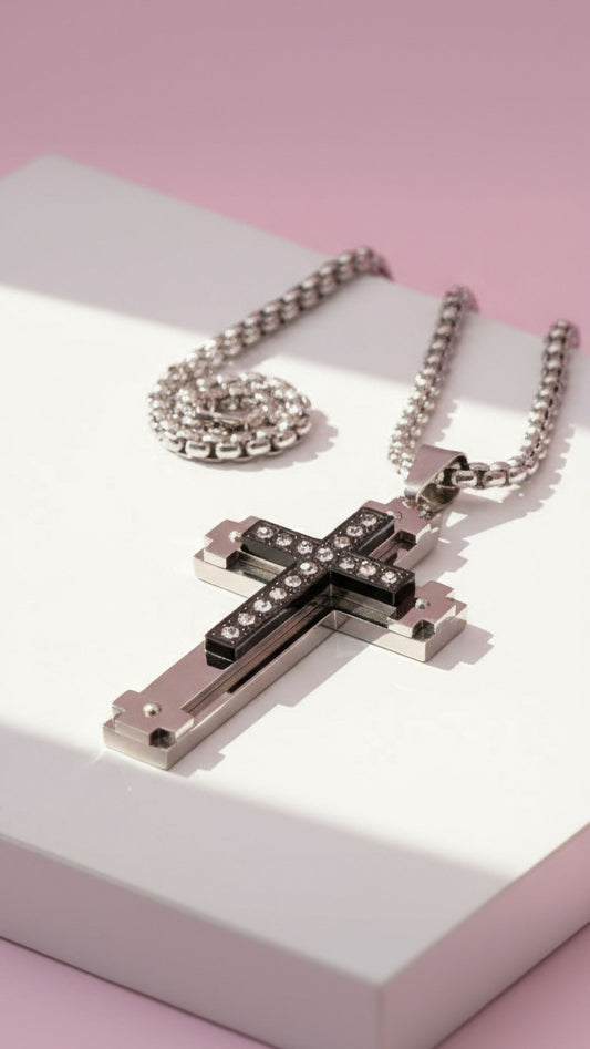 Layered Crystal Black & Silver Cross Necklace