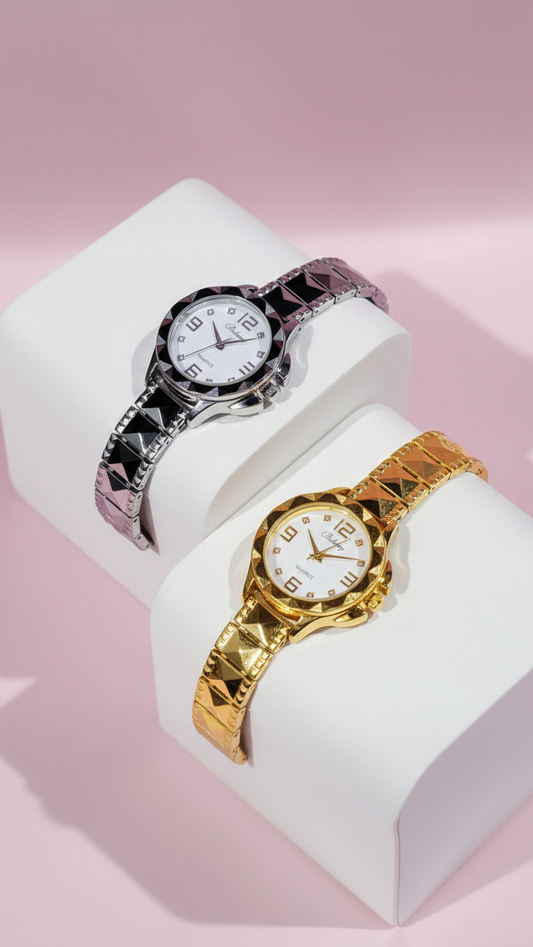 Pyramid Band Round Face Quartz Movement Watch