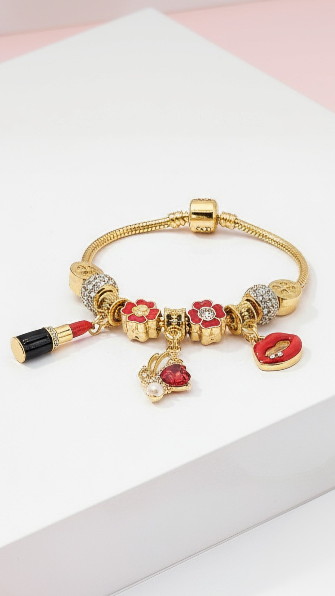Red Lips Crystal Charm Breaded Bracelet
