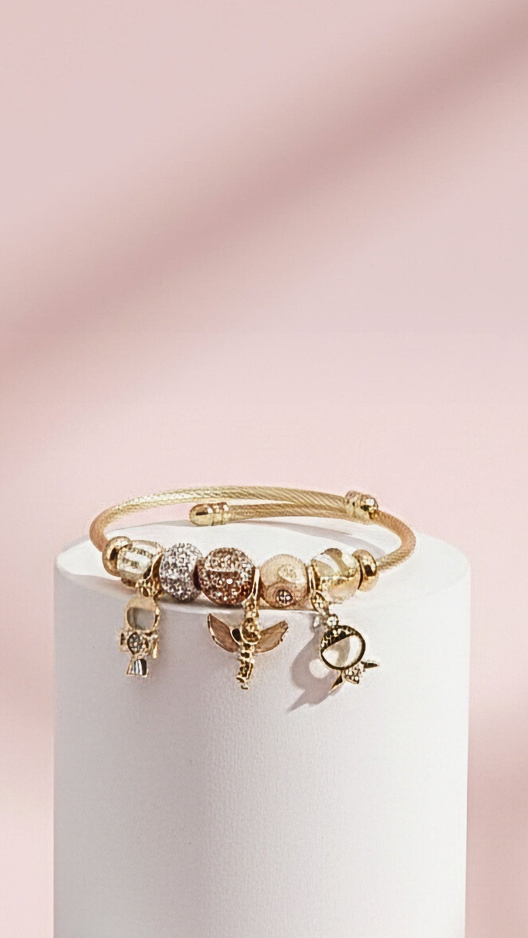 Pink Angel & Hearts Crystal Charm Breaded Bracelet