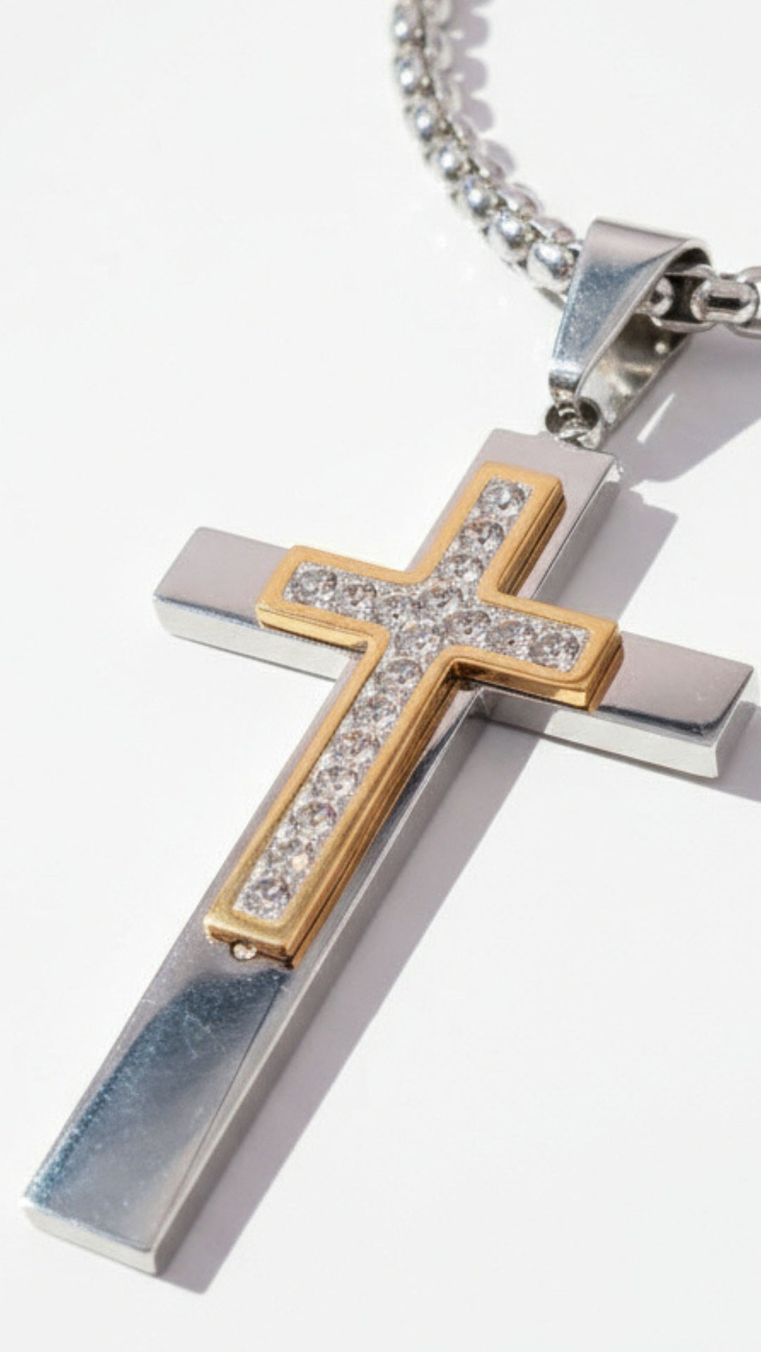 Two Tone Crystal Inlaid Cross Necklace